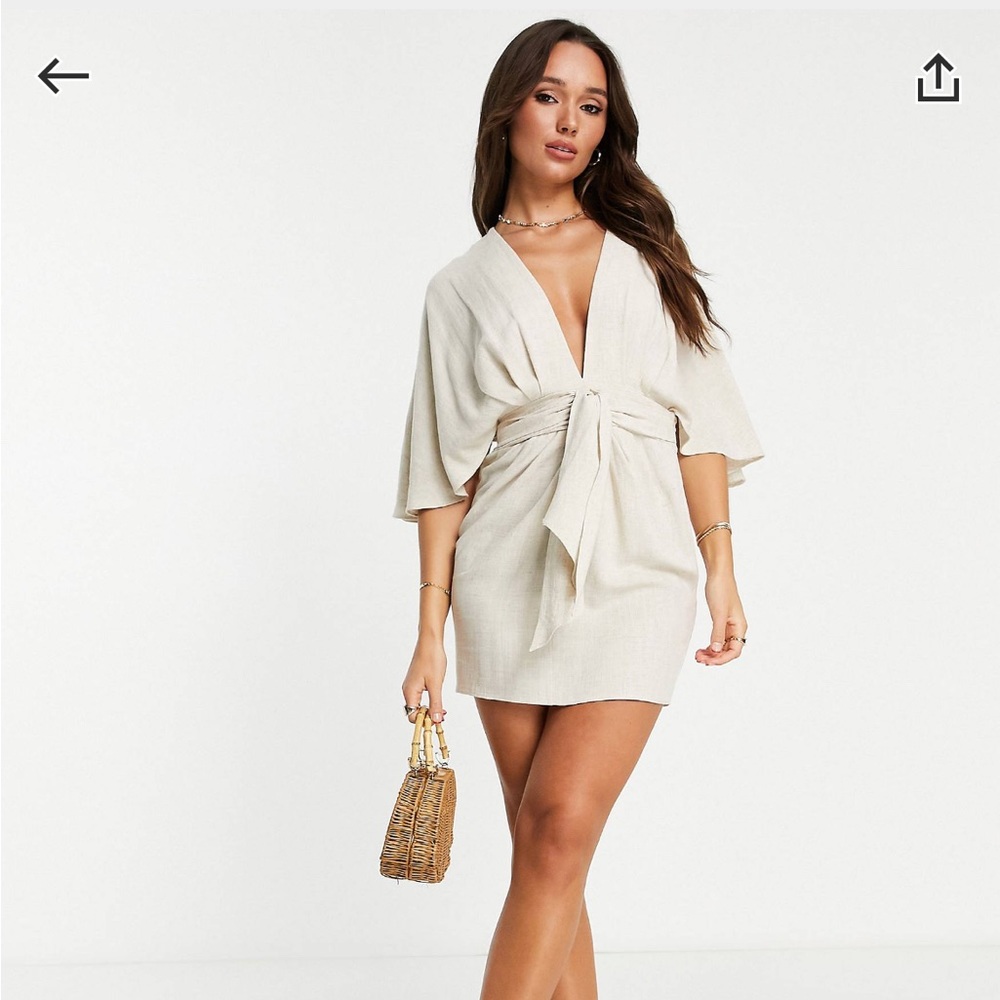 ASOS DESIGN batwing tie front linen mini dress in natural